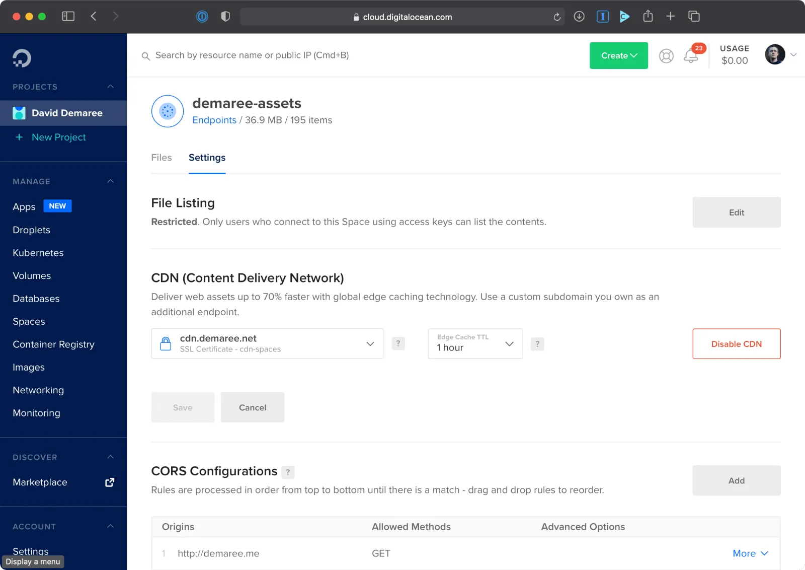 DigitalOcean control panel for configuring Spaces