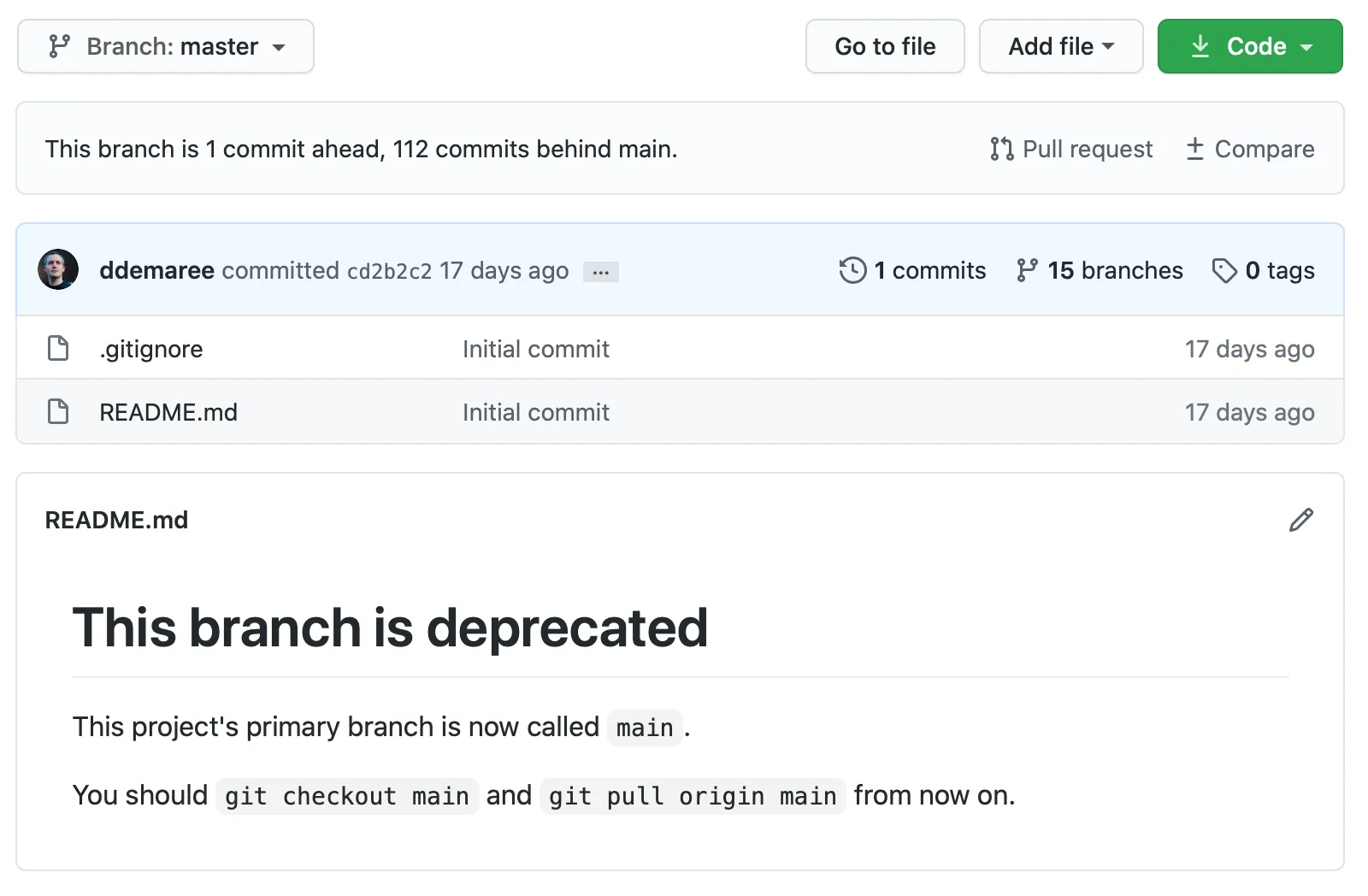 Screenshot of master branch deprecation message on GitHub web interface